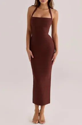 House of CB The Silhouette Halter Midi Dress in Chocolate at Nordstrom, Size X-Small