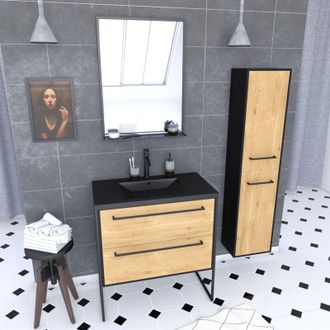 Aurlane Mueble De Ba&ntilde;o Blanco 80 Cm + Lavabo Negro Efecto Piedra + Espejo + Columna