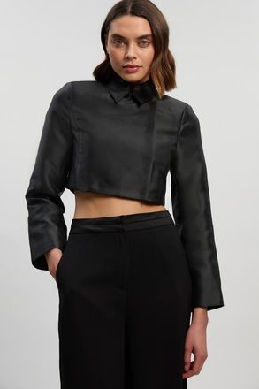 Karen Millen Satin Twill Cropped Wrap Tailored Jacket in Black at Nordstrom, Size 2