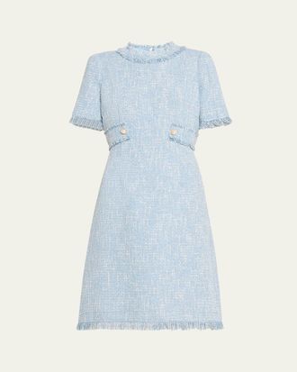 Teri Jon Fringe-Trim Boucle Tweed Dress