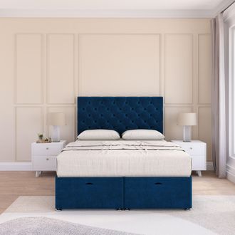 Sloomy Mayfair Plush Fabric Ottoman Bed End Opening With Sprung Memory Mattress & 54 Inch Floorstanding Headboard in Navy | Size: Small Single