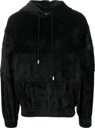 GCDS logo-patch velvet hoodie - unisex - Polyester/Spandex/Elastane - L - Black