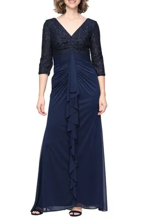 Alex Evenings Sequin Bodice Empire Waist Gown in Navy at Nordstrom, Size 14