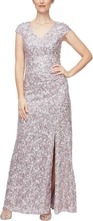 Alex Evenings A-Line Dress Womens Mauve Corded Lace Cap Sleeve V-Neck FROG377