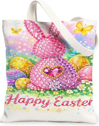 Generic Easter Bunny Canvas Tote Bags, Colorful Egg Pattern Reusable Shopping Bags, Spring Festive Lightweight Washable Shoulder St, Peach, 13x15 Inch