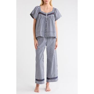 Nordstrom Lace Trim Cotton Poplin Pajamas in Navy Petite Gingham at Nordstrom, Size Medium