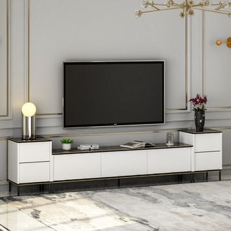 Dmora Mueble Para Tv Cortin, 2 Estantes, 5 Puertas, Acabados Dorados, 260x35x45h Cm Blanco