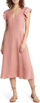 Treasure & Bond Flutter Sleeve V-Neck Midi Dress in Pink Desert at Nordstrom Rack, Size Medium