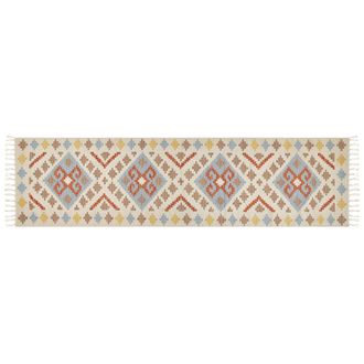Beliani Alfombra Kilim De Algod&oacute;n Beige Azul Amarillo Naranja 80 X 300 Cm Geom&eacute;trico Borlas Atan