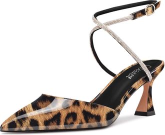 Castamere Women Mid Stiletto Heel Pointed Toe Cross-Strap Diamond Crystal 6.5 CM Heels Multicolor Leopard 7 UK