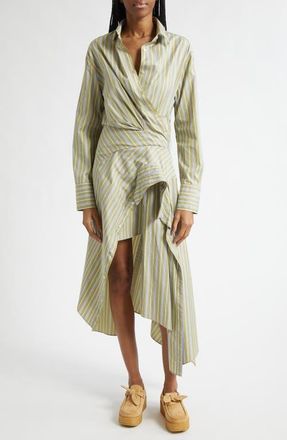 Monse Cascade Stripe Long Sleeve Deconstructed Shirtdress in Light Olive at Nordstrom, Size 10