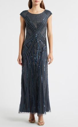 Pisarro Nights Embellished Cap Sleeve Gown in Smoke at Nordstrom, Size 22