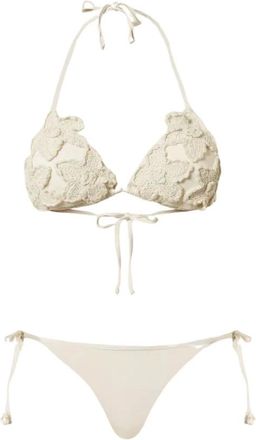 Twinset Badmode, Dames, Beige, L, Satijn, Satijnen Driehoek Bikini met Haakwerk Applicatie