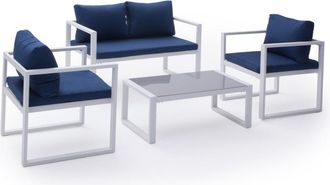 Happy Garden Conjunto de muebles de jard&iacute;n de 4 plazas tela azul y aluminio blanco