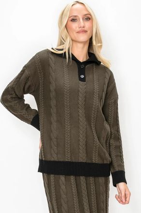 YAL New York Olive Cable Knit Polo Sweater