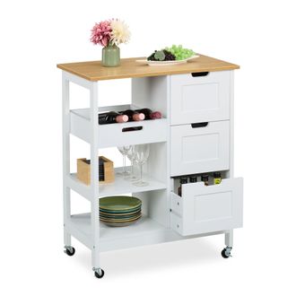Relaxdays Carro Auxiliar Cocina, Encimera, 3 Cajones, 3 Compartimentos, 85 X 68,5 X 38,5 Cm, Isla Con Ruedas, Blanco - Relaxdays