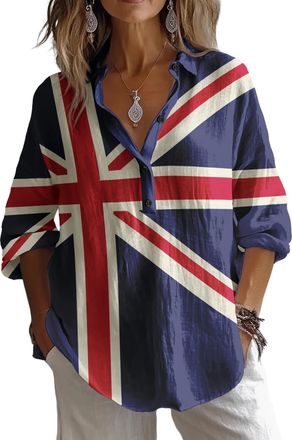 Generic Womens Union Jack Long Sleeve Shirt, Great Britain Flag Print, Button Down Casual Top (UK, Alpha, XXL, Regular, Regular, 3)