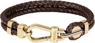 BOSS Brown braided-leather cuff with gold-tone carabiner closure