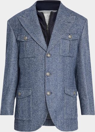 Brunello Cucinelli Men & apos;s Wool and Silk Chevron Field Jacket with Zipped Bib