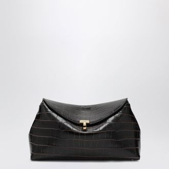 Toteme Brown T-lock clutch in crocodile-embossed leather