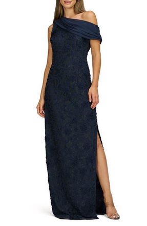 JS Collections Elodie Floral One-Shoulder Cotton Blend Gown in Deep Navy at Nordstrom, Size 10