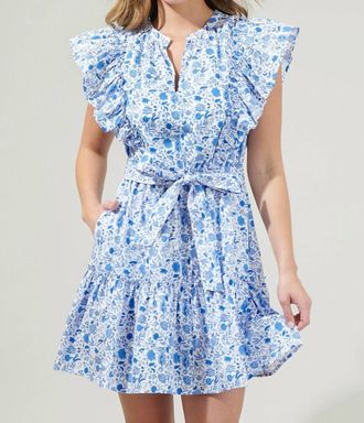Sugarlips Luray Floral Ruffle Mini Dress In Blues White