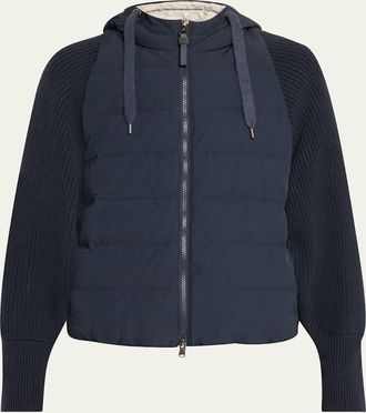 Brunello Cucinelli Techno Crinkled Cotton Down Jacket W Ribbed Sleeves