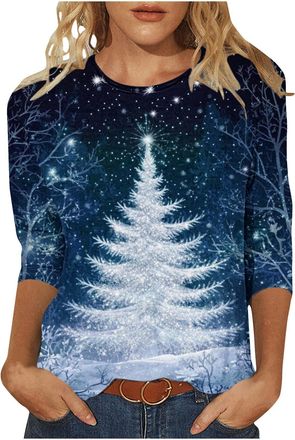 Generic Christmas Tops for Women Novelty Funny Xmas Tees Elk Snowman Print 3/4 Sleeeve Blouse Lightweight Christmas Jumpers Xmas T Shirts Women Holiday Tunic 