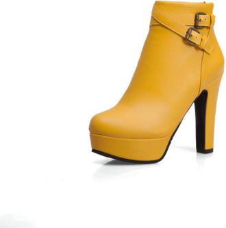 Generic Womens Round Toe Casual Ankle Boots with Buckle Strap & Block Heel, Side Zipper Short Evening Booties,Yellow,6.5 UK