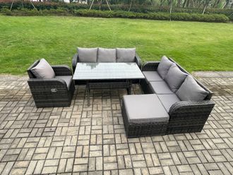 Fimous 8 Seater Rattan Garden Furniture Set Oblong Rectangular Dining Table & Chairs Set with 3 Seater Sofa Big Footstool Dark Grey Mixed