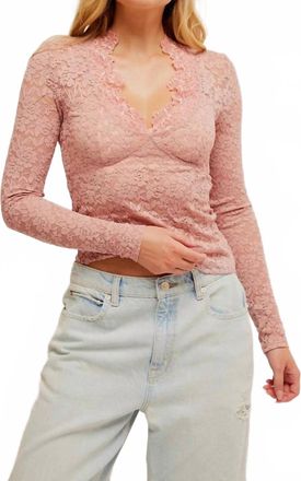 Free People All Day Lace Romantic Floral V-Neck Blouse In Pale Mauve