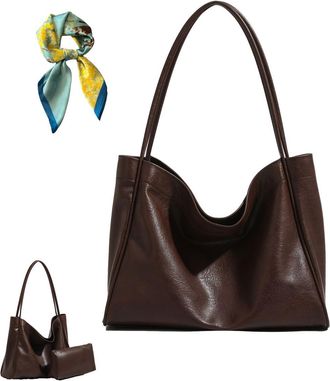 Generic Two In One PU Leather Large Capacity Shoulder Bag,Vegan Leather Trendy Soft Tote Bag,Casual Waterproof Purse for Women (Coffee)