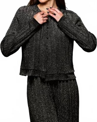 Minnie Rose Lurex Long Sleeve Pleated Cardigan In Black
