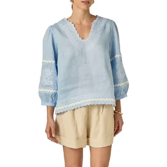 English Factory Rickrack Trim Embroidered Balloon Sleeve Linen Top in Powder Blue at Nordstrom Rack, Size Medium