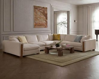 Castlery Tan France Kagan 6-Piece L-Shape Sectional Couch with Left Chaise, Basketweave Cream - Castlery