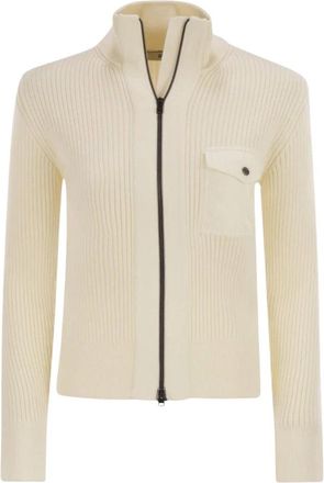 Herno Full-Zip Ribbed Knit Mock Neck Sweater - Dames - Vesten - Wit - XL - Wol - Truien & Vesten