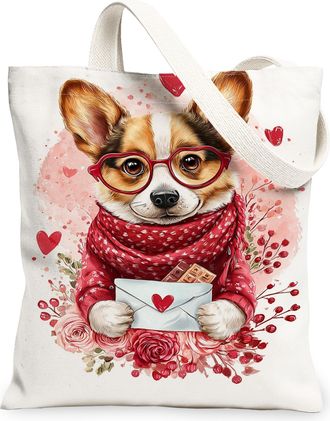 Generic Cute Dog Canvas Tote Bags, Adorable Animal Floral Pattern Reusable Grocery Bags, ValentineS Day Lightweight Washable Shoul, White, 13x15 Inch