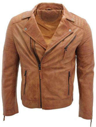 Infinity Mens Tan Slim Fit Cross Zip Vintage Brando Leather Biker Jacket 2XL