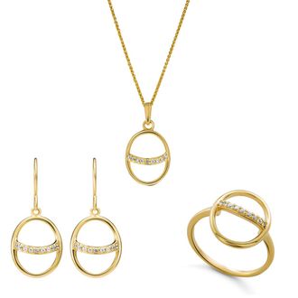 Orphelia Amaliada WoMens 925 Sterling Silver Set: Necklace + Earrings + Ring - Gold SET-7572 - Size R 1/2