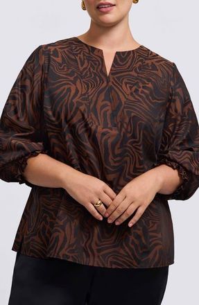 Foxcroft Alicia Zebra Print Cotton Blend Popover Top in Macchiato/Black at Nordstrom, Size 1X
