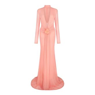 DAVID KOMA Lace Rose Embroidered Gown - Dames - Avondkleed - Roze - XS - Polyester - Kleedjes