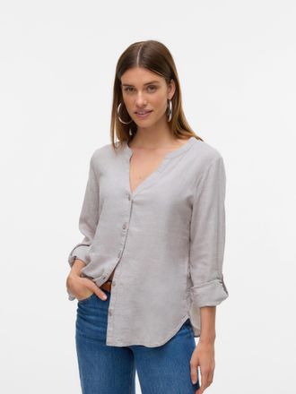 Vero Moda Langarmbluse VERO MODA VMLINN LS V-NECK SHIRT WVN NOOS, Damen, Gr. XS (34), grau (moon rock), Web, Obermaterial: 55% Leinen, 45% Viskose, meliert, rel