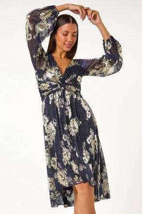 Roman Foil Print Twist Front V-Neck Plisse Dresss