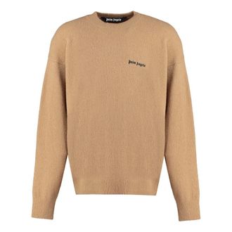 Palm Angels Round-neck Knitwear, male, Brown, XL, Logo Crew-Neck Jumper