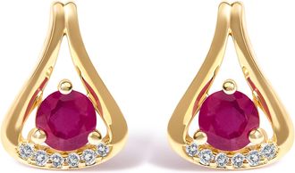 House of Brilliance 14K Yellow Gold Red Ruby and Diamond Accent Teardrop Stud Earrings