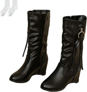 Generic Womens Wedge Heel Boots, Fashionable Round Toe Mid-Calf Slouch Boots with Ring Decoration And Non-Slip Sole, Slip-On Comfortable Autumn Winter Ankle B