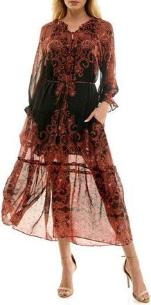 Socialite Poet Long Sleeve Chiffon Midi Dress in Black/Rust at Nordstrom Rack, Size X-Small