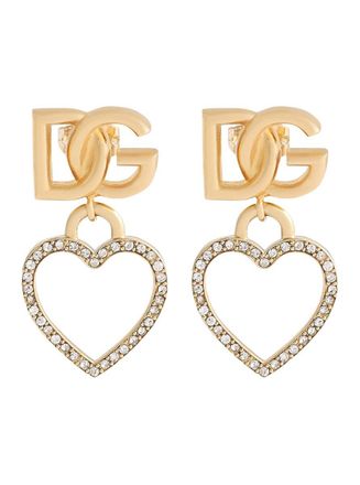 Dolce & Gabbana Metallic Earings With Logo Plaque And Heart Pendant In Brass And Glass Woman