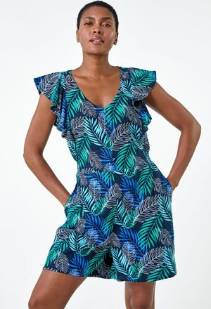 Roman Tropical Leaf Print Playsuit
