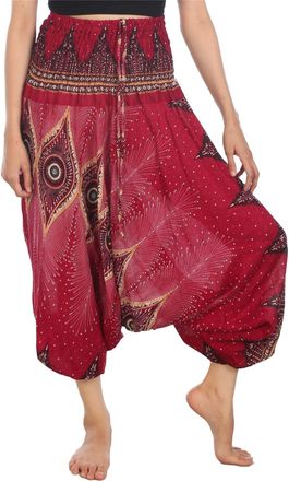 Lofbaz Womens Floral Eye Harem Smocked Waist 2 in 1 Jumpsuit Pants Burgundy M
